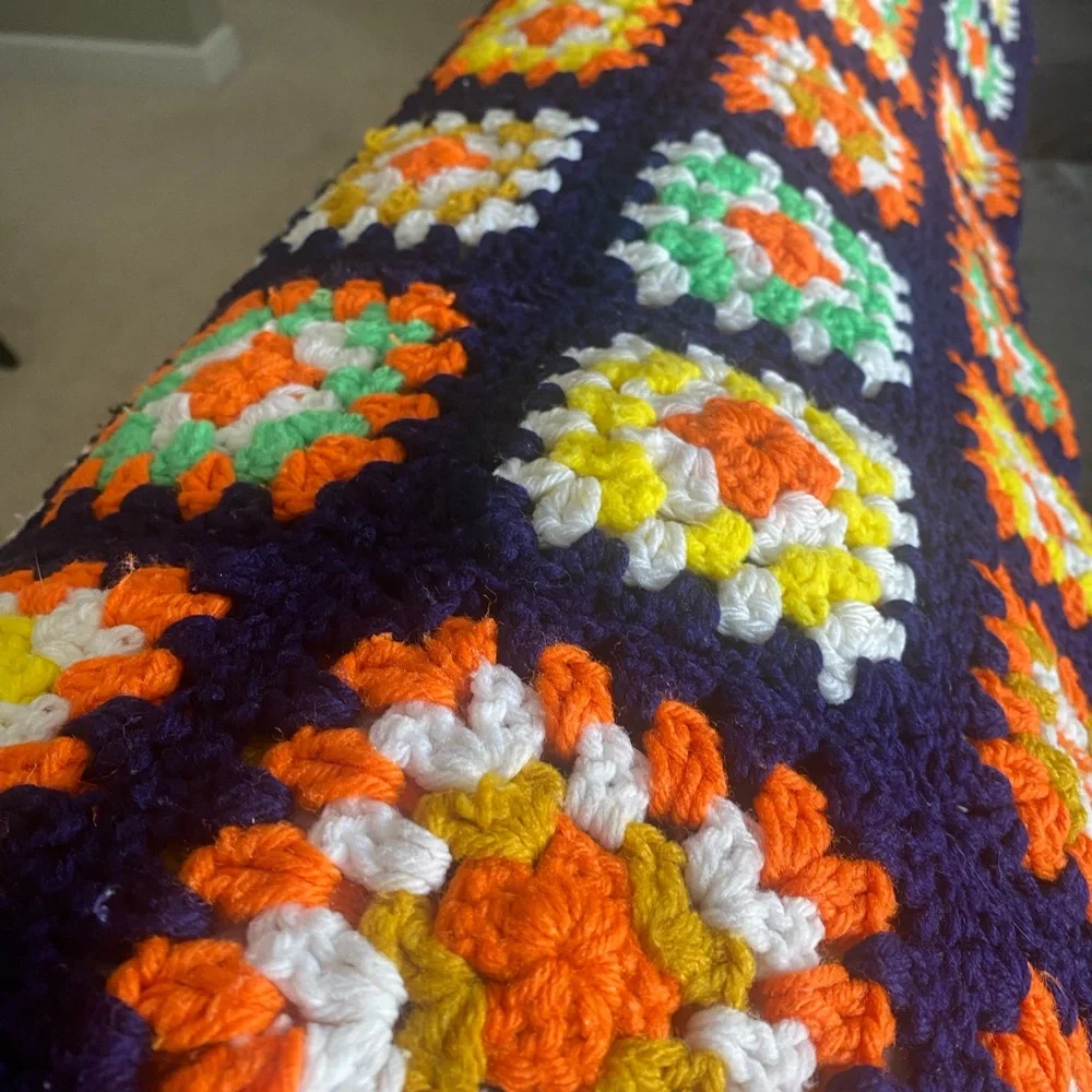 Vintage Afghan - Colorful Crochet Granny Square Blanket Throw EUC